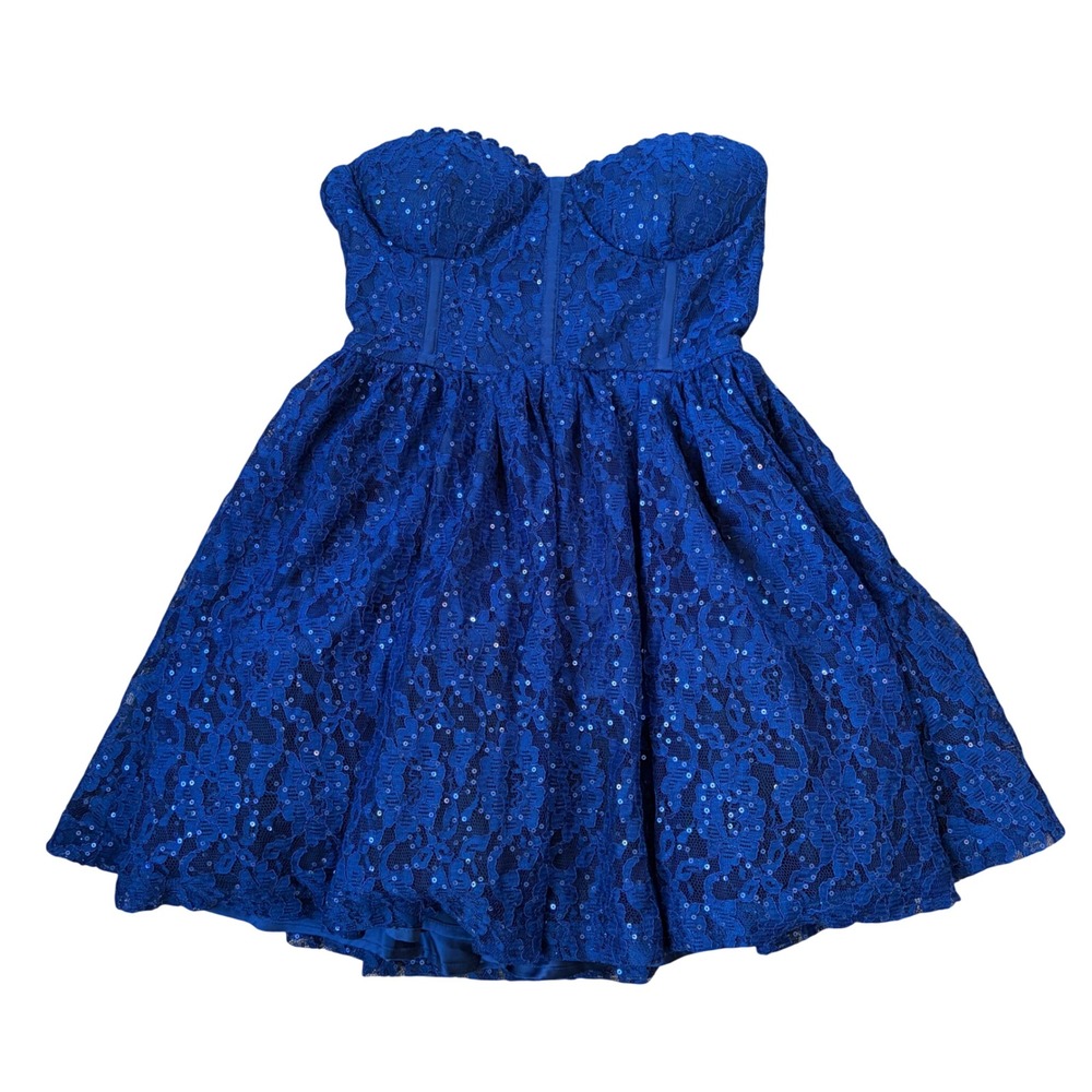 NWT Hello Molly Royal Blue Sequin Corset Babydoll Mini Dress Strapless Size XS‎